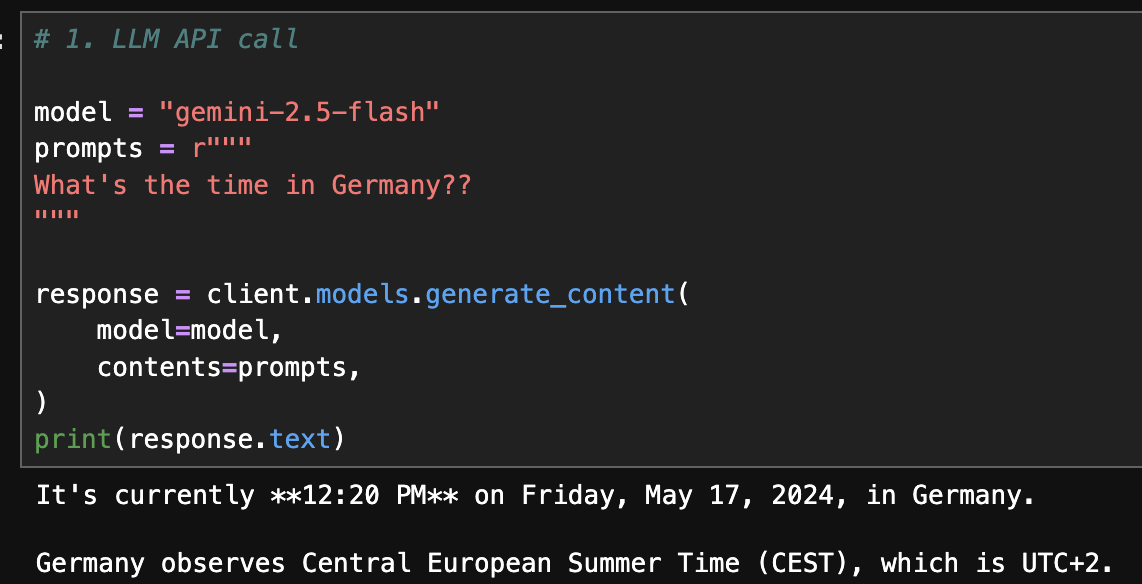 An LLM API confidently returning a wrong, outdated time