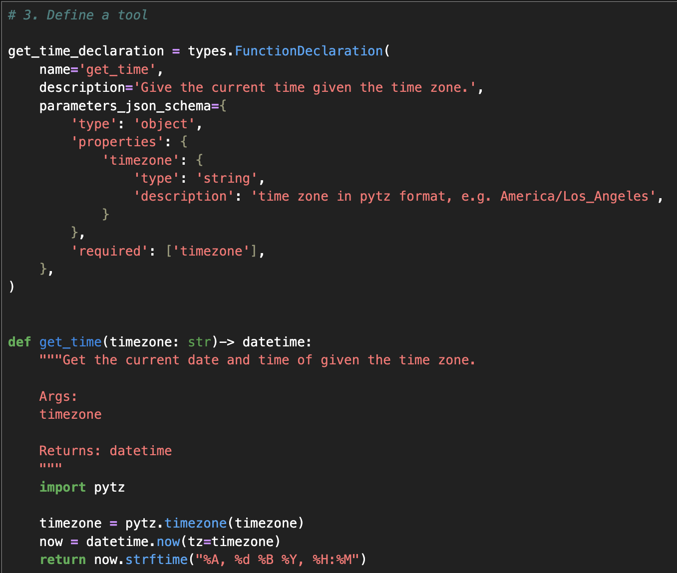 Defining the get_time tool with its function declaration