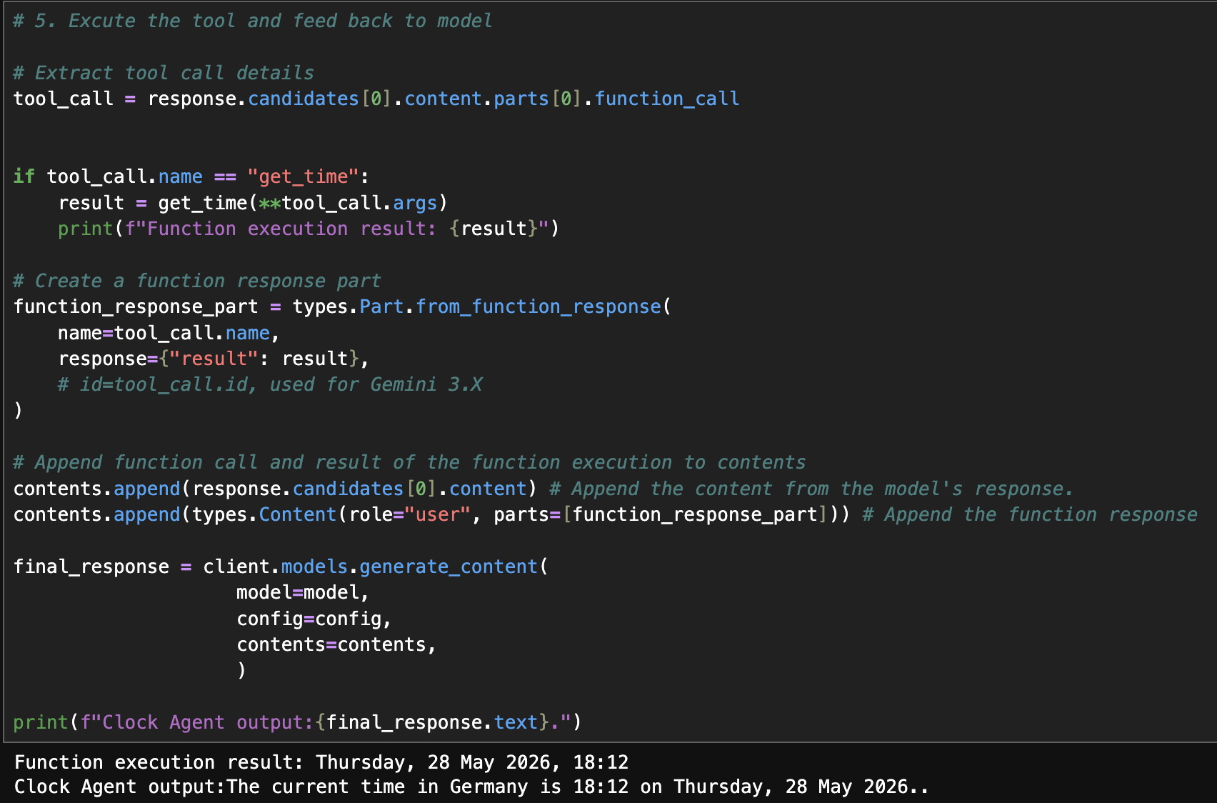 The model's function call output, used to call the real function